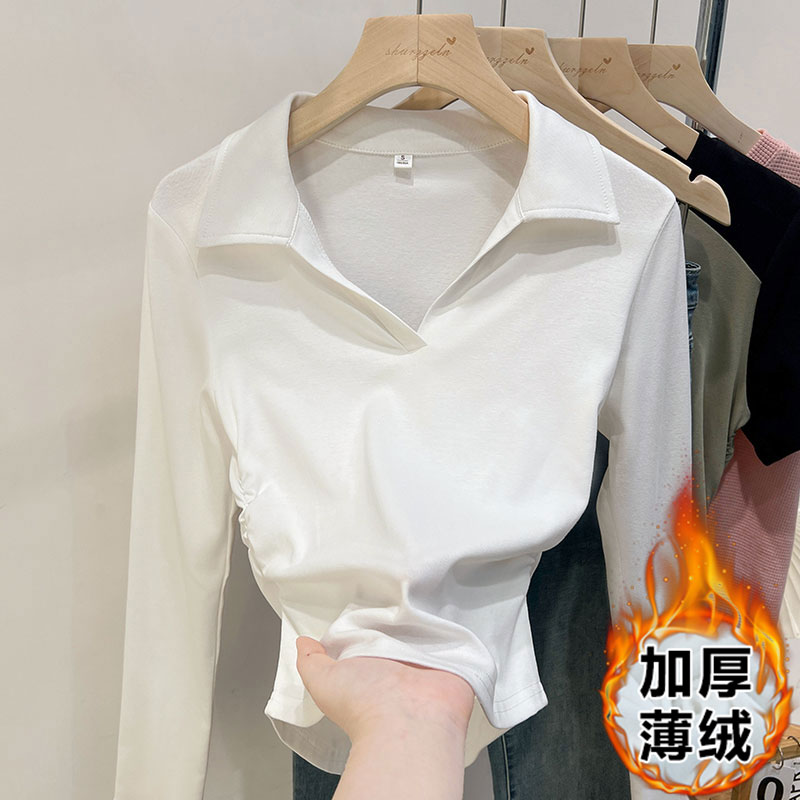 實拍Polo衫翻領長袖t恤女秋冬褶皺收腰不規則磨毛加厚打底衫