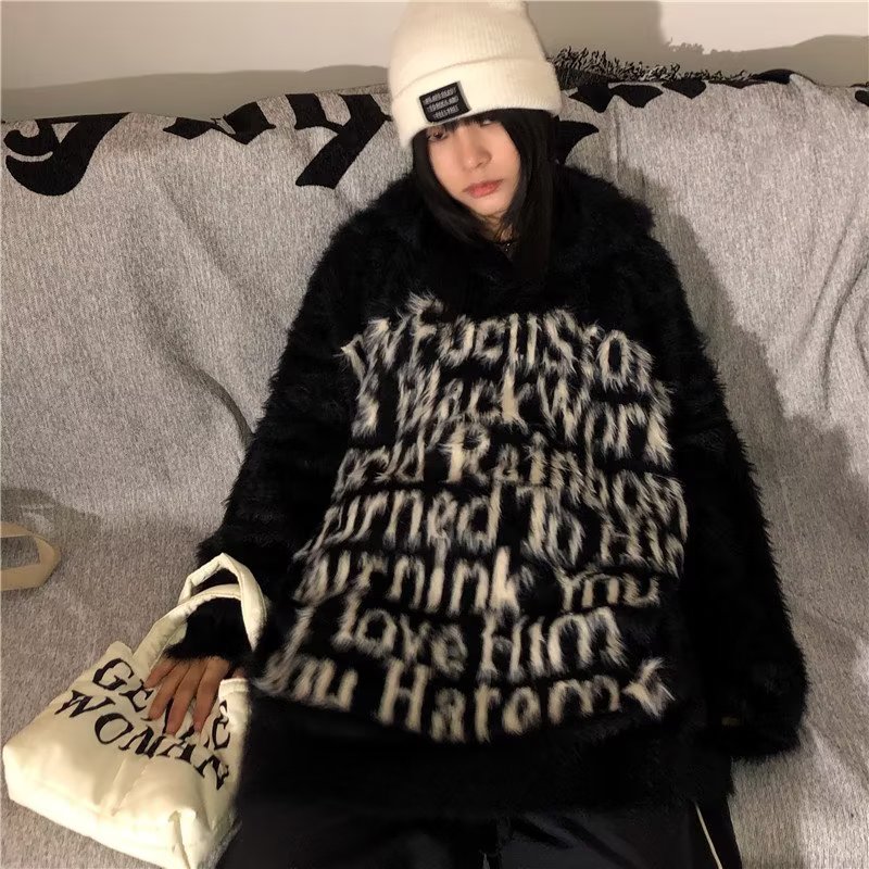 國潮美式復古字母印花連帽毛衣女秋冬潮牌ins寬鬆情侶針織衫上衣