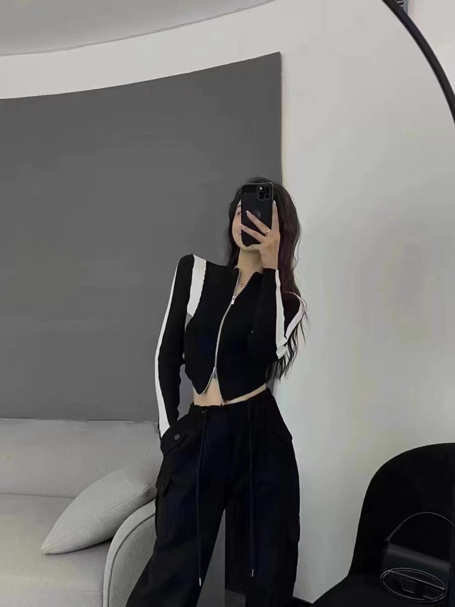 半高領收腰撞色拉鏈針織開衫女秋短款時尚顯瘦長袖上衣服