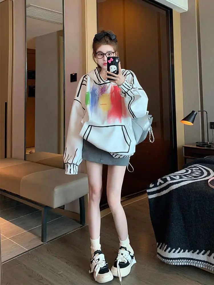 美式復古白色連帽套頭衛衣女春秋季oversize寬鬆帽衫加絨加厚上衣