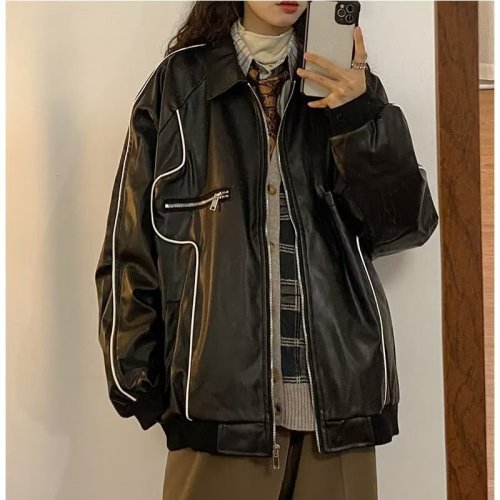 American retro motorcycle leather jacket women's bomber jacket trendy street loose lapel casual pu leather top