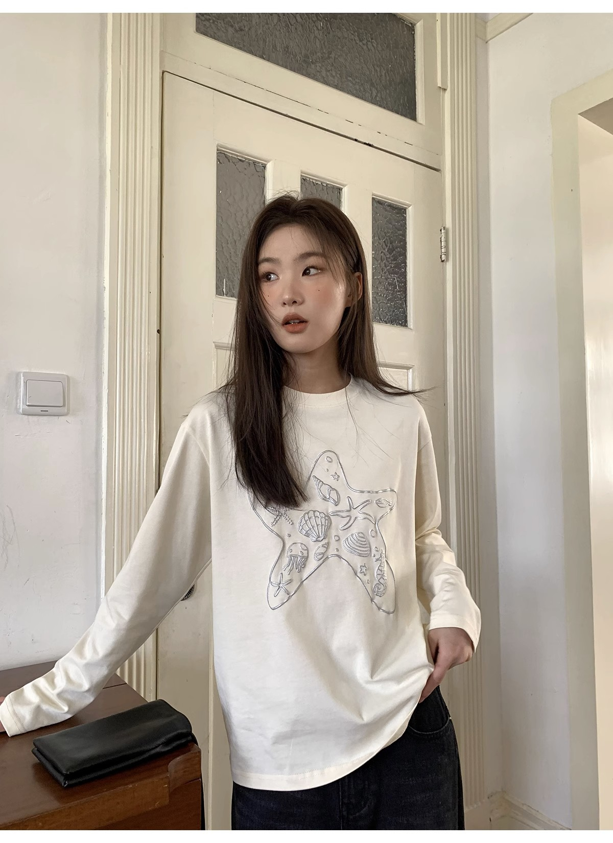 官圖 高彈羅紋德絨 長袖T恤女海洋元素印花簡約寬鬆打底衫上衣