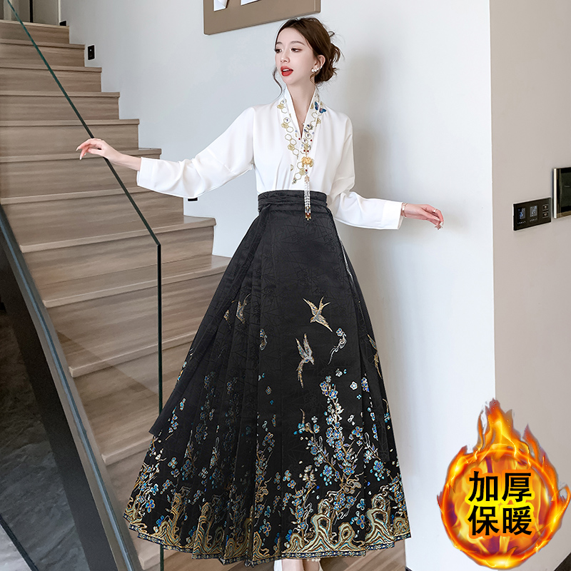 實拍 黑色鎏金瑩梅明制改良日常漢服女飛機袖襯衣馬面裙套裝國風