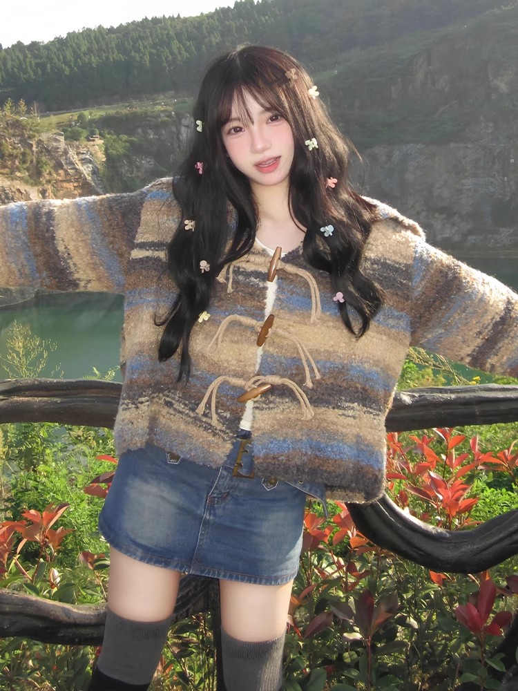 American retro sweater cardigan women's autumn and winter colorful striped horn button knitted jacket loose lazy style top trend