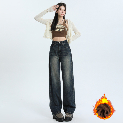 Real shot of autumn and winter high-waisted summer straight jeans for women, high-waisted pants, narrow version, thin wide-leg pants, retro blue