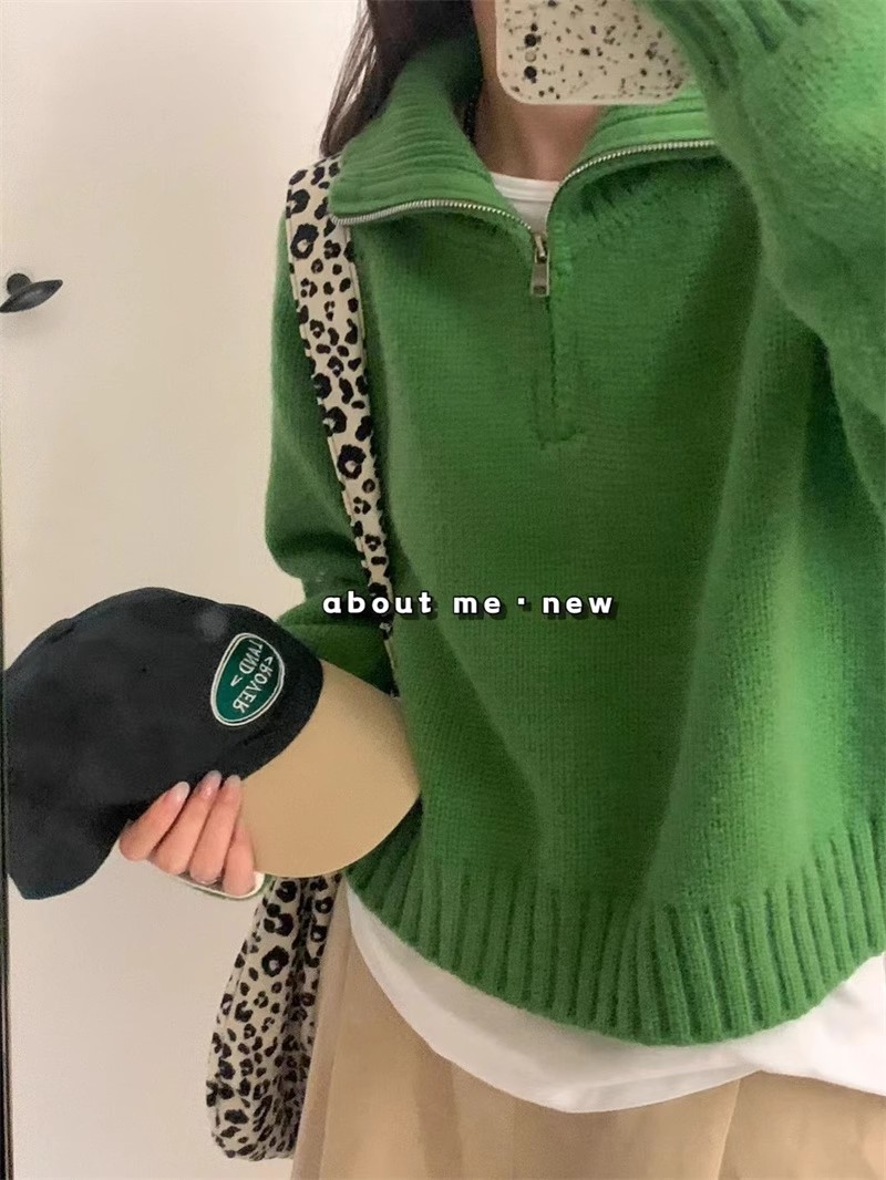 Soft and glutinous Korean style versatile high collar half zipper loose pullover solid color lapel sweater women's fashionable knitted sweater top