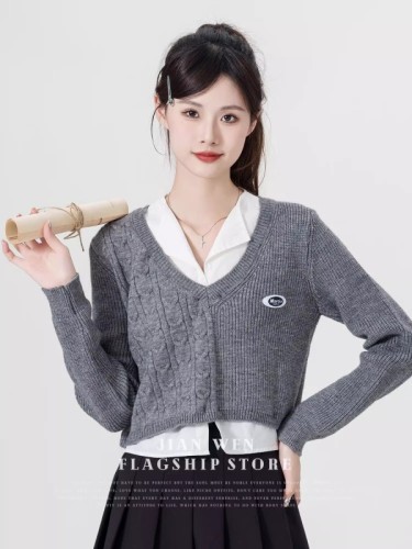College style short design patchwork long-sleeved shirt V-neck knitted top