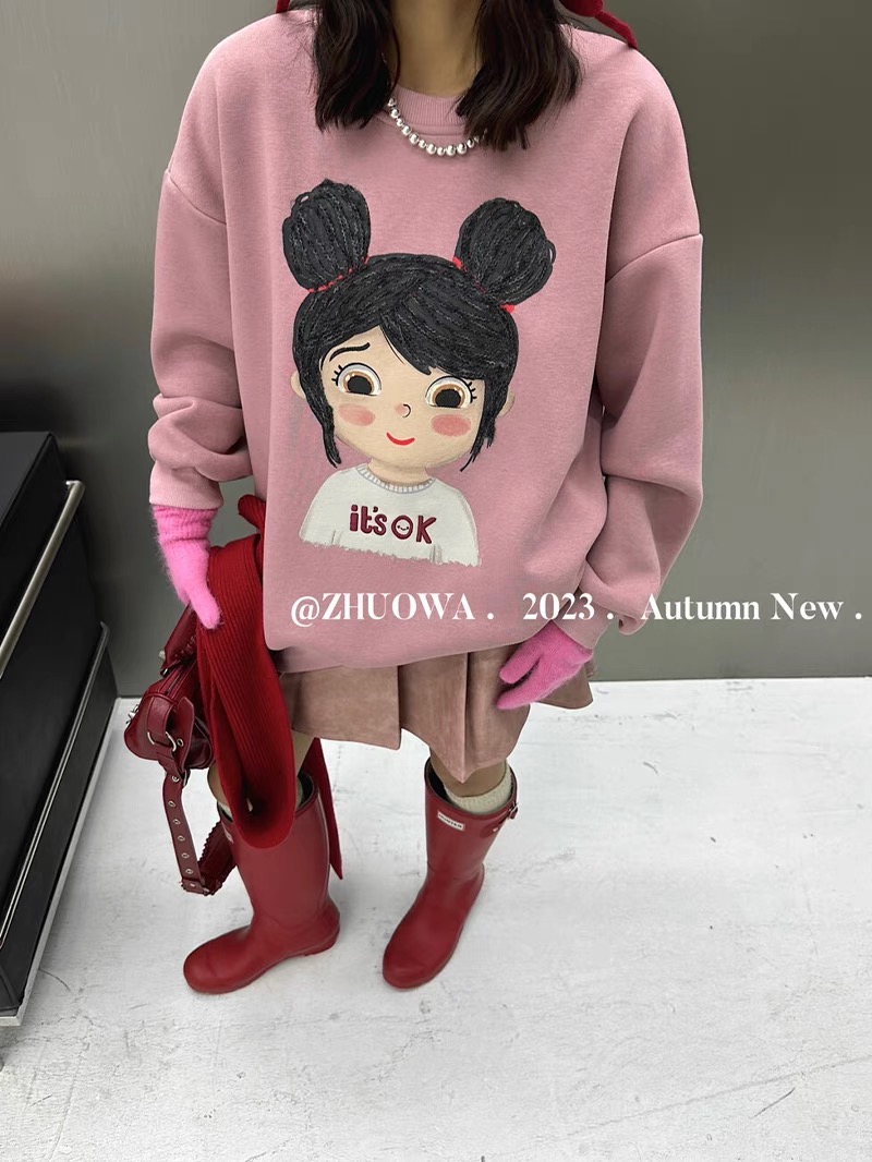 可愛重工小女孩寬鬆顯瘦百搭休閒中長款圓領保暖加厚加絨衛衣女