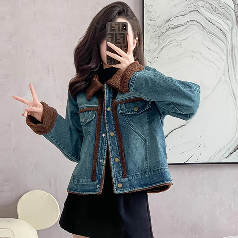 羊羔毛獨特加絨牛仔外套女2023冬季小個子加厚保暖超好看棉衣