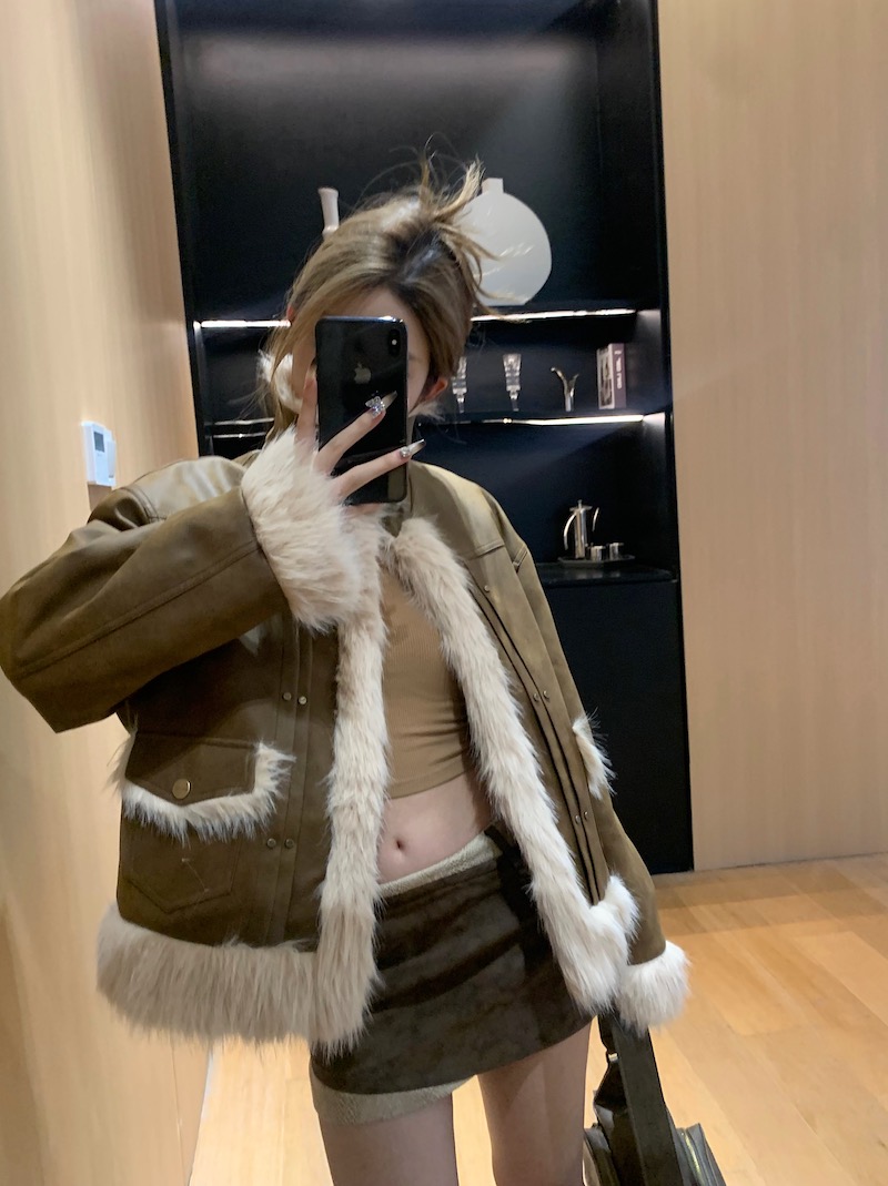 實拍 秋冬新款美式復古夾棉加厚保暖毛絨皮衣機車服棉服外套