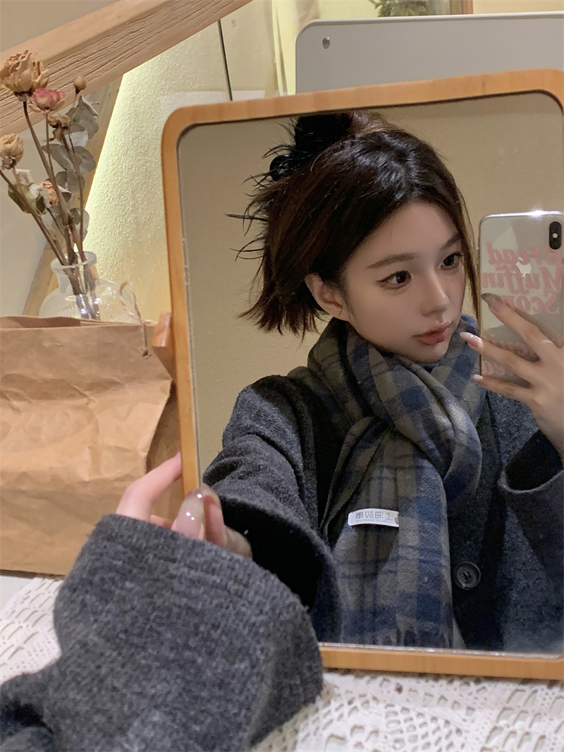 實拍價  百搭復古重工格子加厚編織流蘇保暖仿羊絨圍巾披肩女