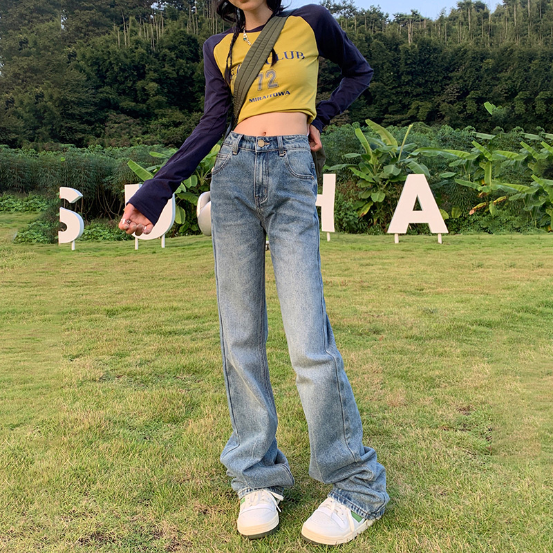 Real shot of American retro washed loose straight pants slim fit high street hot girl jeans for women & long pants