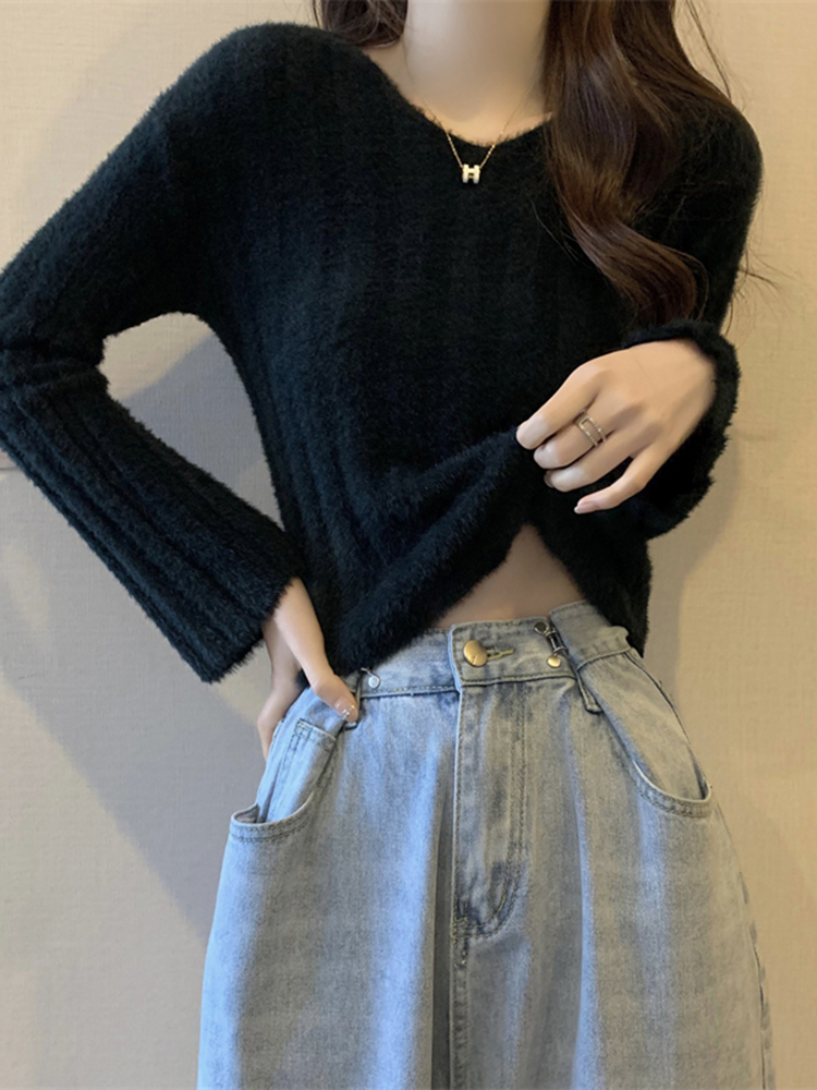 黑色短款水貂絨毛衣春秋內搭高級感v領打底衫掐腰小個子別致上衣