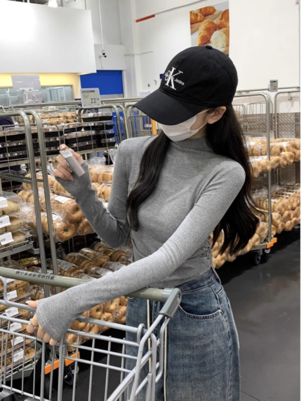 質量 灰色半高領正肩T恤女裝2023秋冬修身顯瘦長袖打底衫上衣