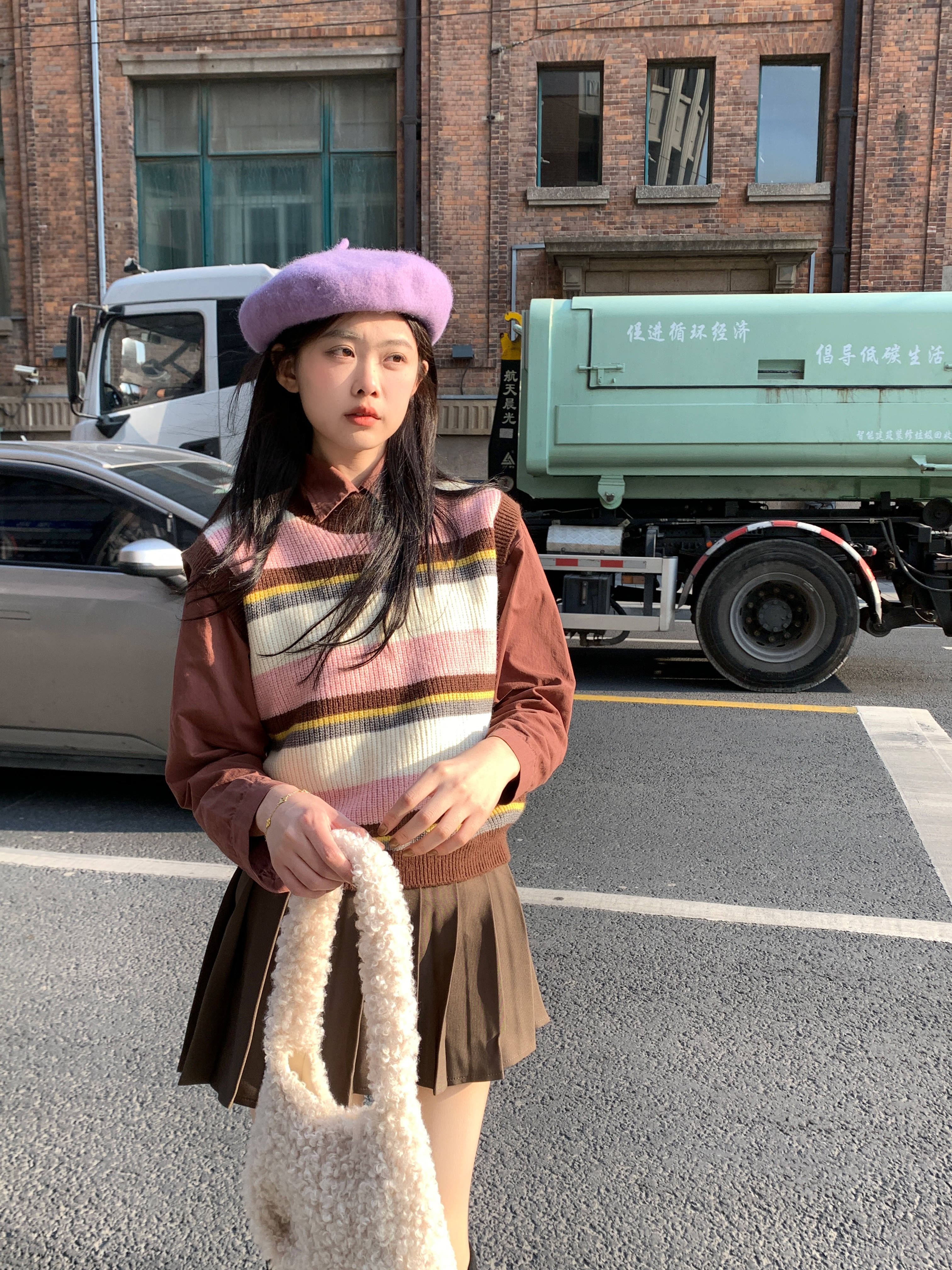 實拍咖色條紋學院風針織馬甲女灰色氣質秋季寬鬆套裝上衣背心