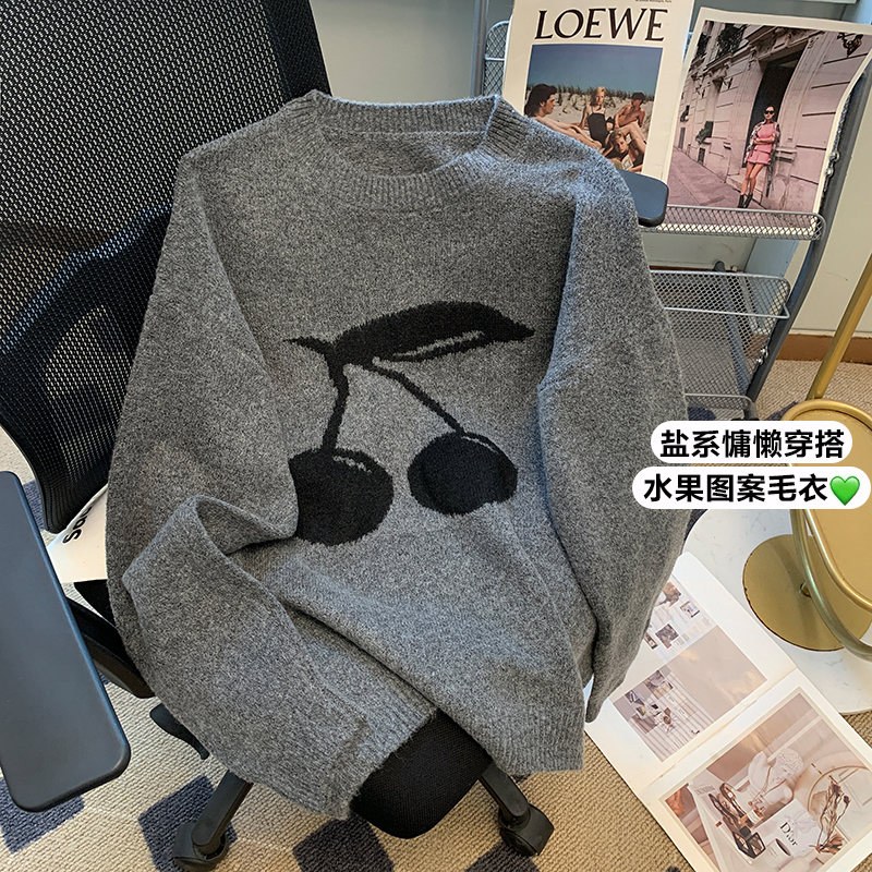 嘭嘭櫻桃！蓬鬆毛感提花加厚毛衣女冬百搭寬鬆套頭毛衫上衣