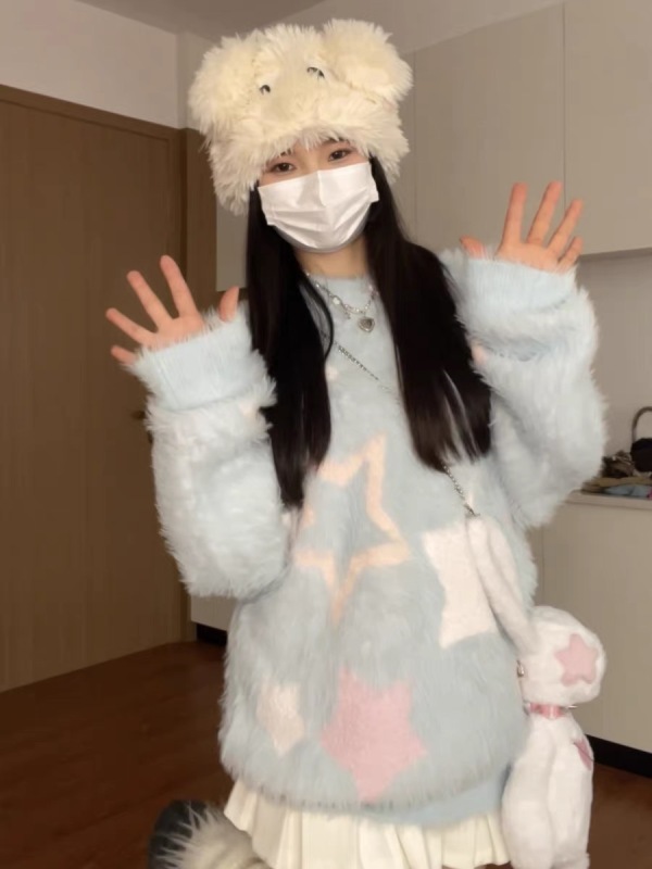 韓系軟糯馬海毛星星提花毛衣外套女秋冬設計感小眾加厚慵懶針織衫