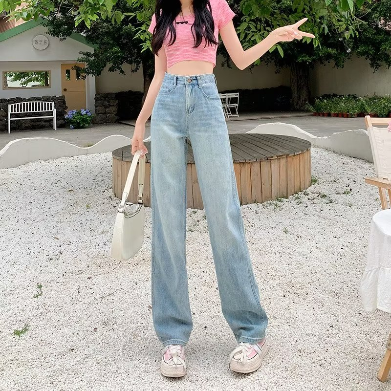設計感高腰牛仔褲女寬鬆直筒2023新款長褲韓版顯瘦闊腿褲拖地褲