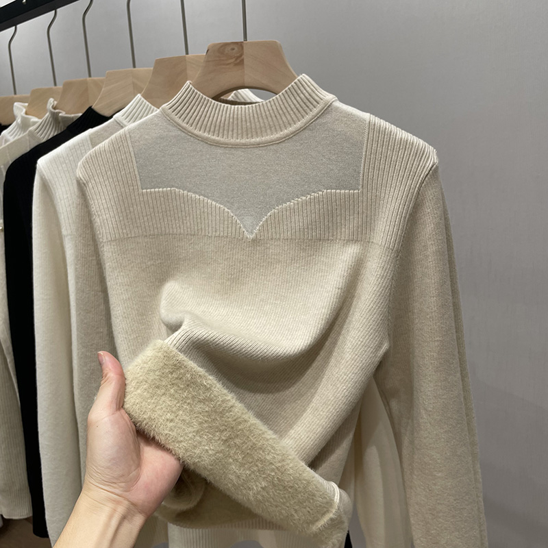 加絨毛衣女加厚冬季內搭一體絨小眾設計感網紗中領半高領打底衫女