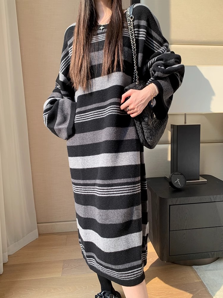 烈兒LRKS重磅拿鐵羊毛裙850g重磅100澳毛條紋寬鬆連衣裙M8485