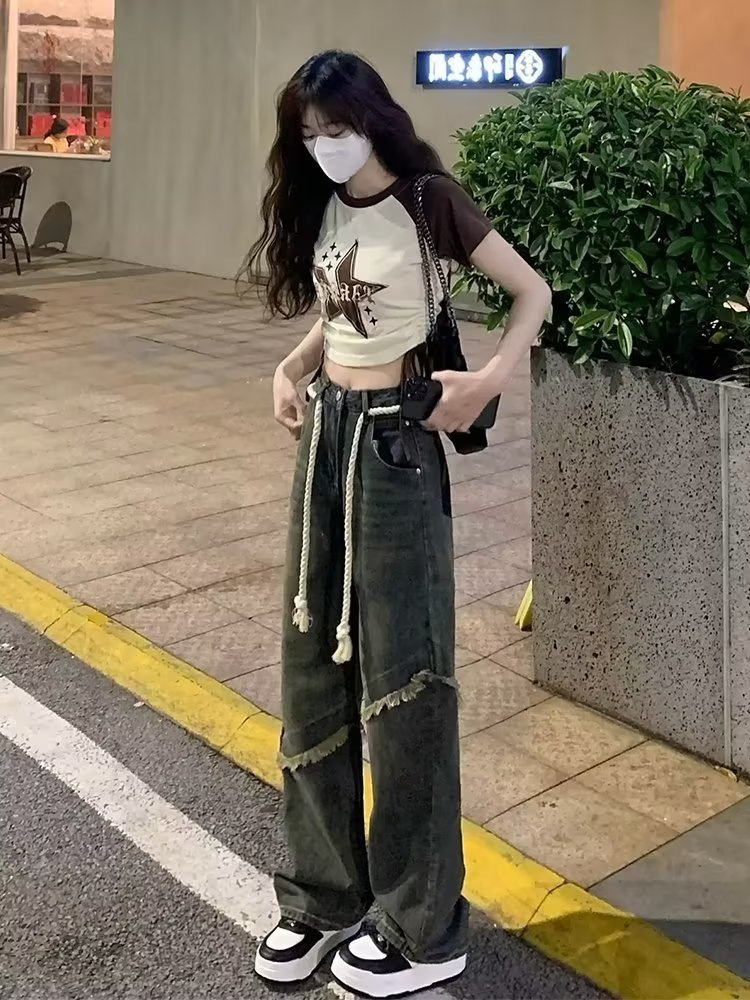 美式高街vibe直筒牛仔褲女復古水洗做舊設計感毛邊寬鬆闊腿拖地褲