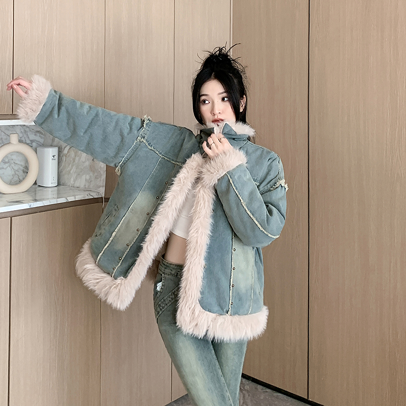 實拍~羊羔毛牛仔拼接毛毛外套女冬寬鬆加絨加厚復古夾棉棉服