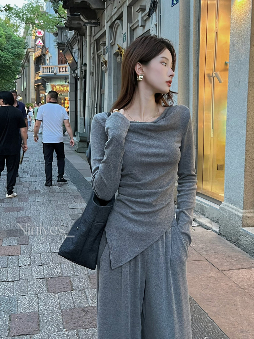 Autumn and winter gentle knitted long-sleeved suit for women, inclined collar, off-shoulder, irregular T-shirt, elastic high-waisted straight pants, two-piece set