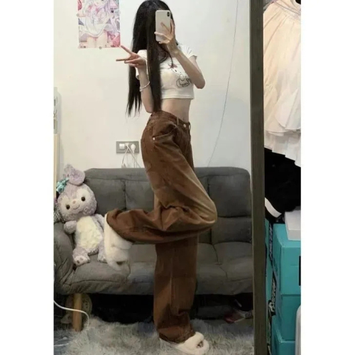 American vibe style retro wide-leg brown jeans for women high-waist slim loose straight pants high street fashion ins