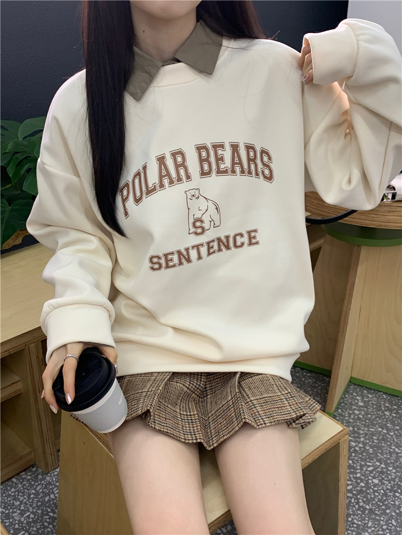 加絨加厚秋冬新款美式字母印花圓領衛衣女裝寬鬆休閒百搭套頭上衣