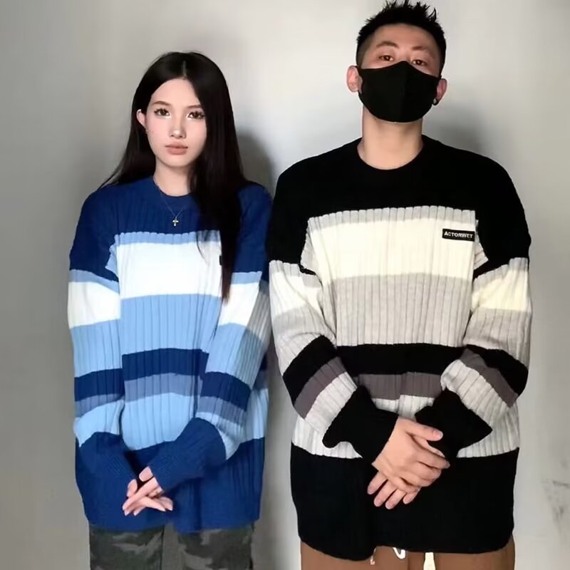 2023新款日系復古撞色條紋圓領針織衫男女慵懶風百搭情侶套頭毛衣