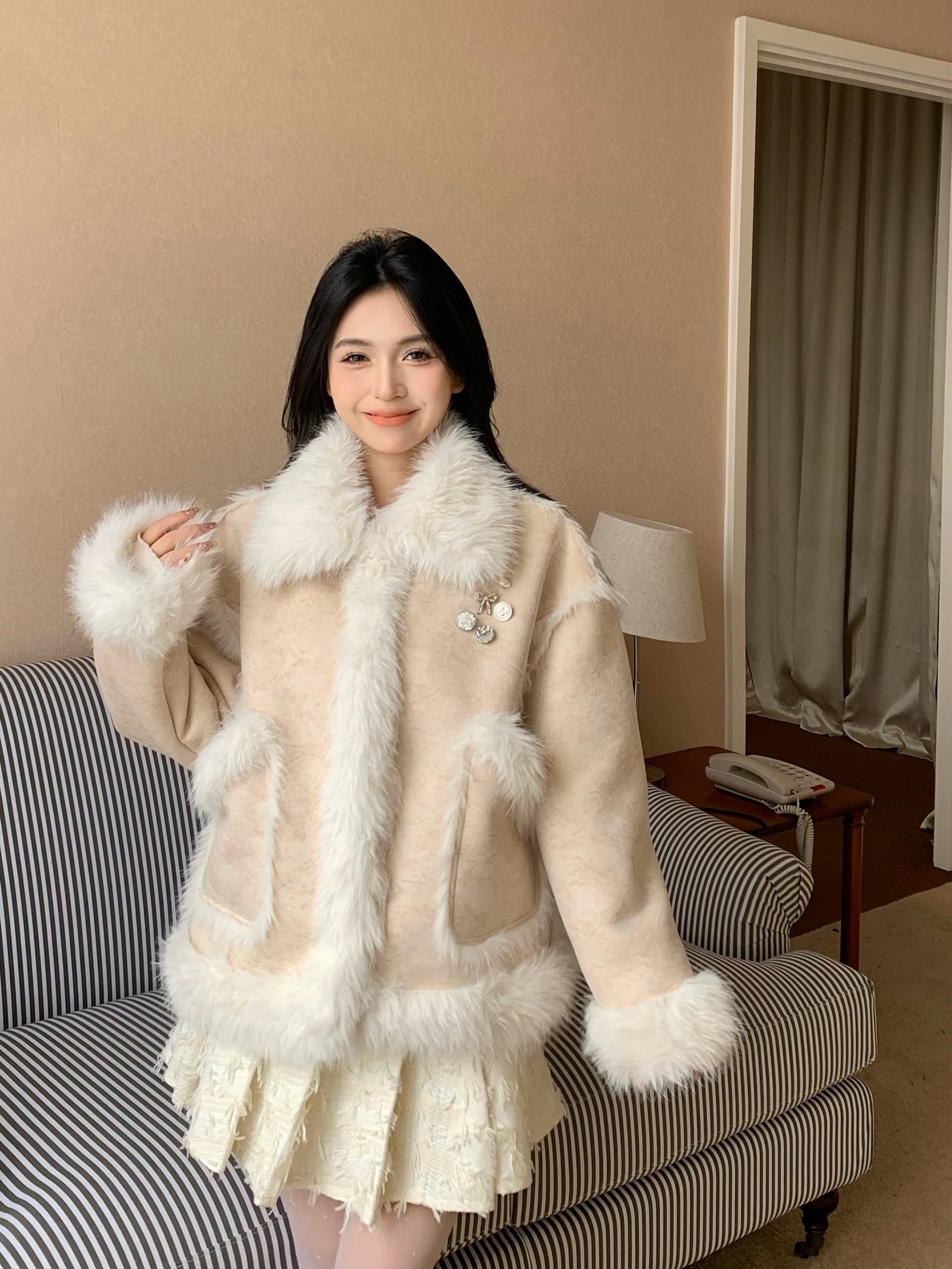 實拍 大女主的鬆軟感皮毛一體外套冬季保暖設計感毛毛外套