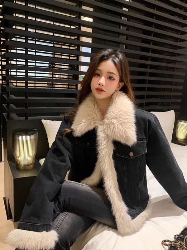 加厚夾棉毛絨牛仔棉服外套女春秋2023新款冬季高級感棉襖上衣