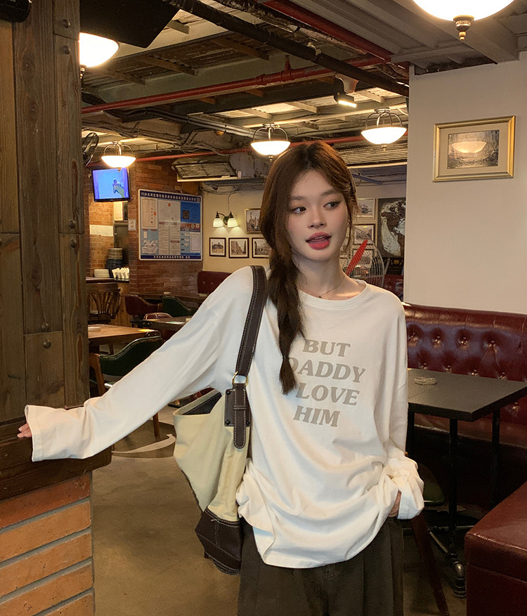 官圖 高品質白色打底衫女秋冬韓版寬鬆內搭印花字母長袖t恤女上衣