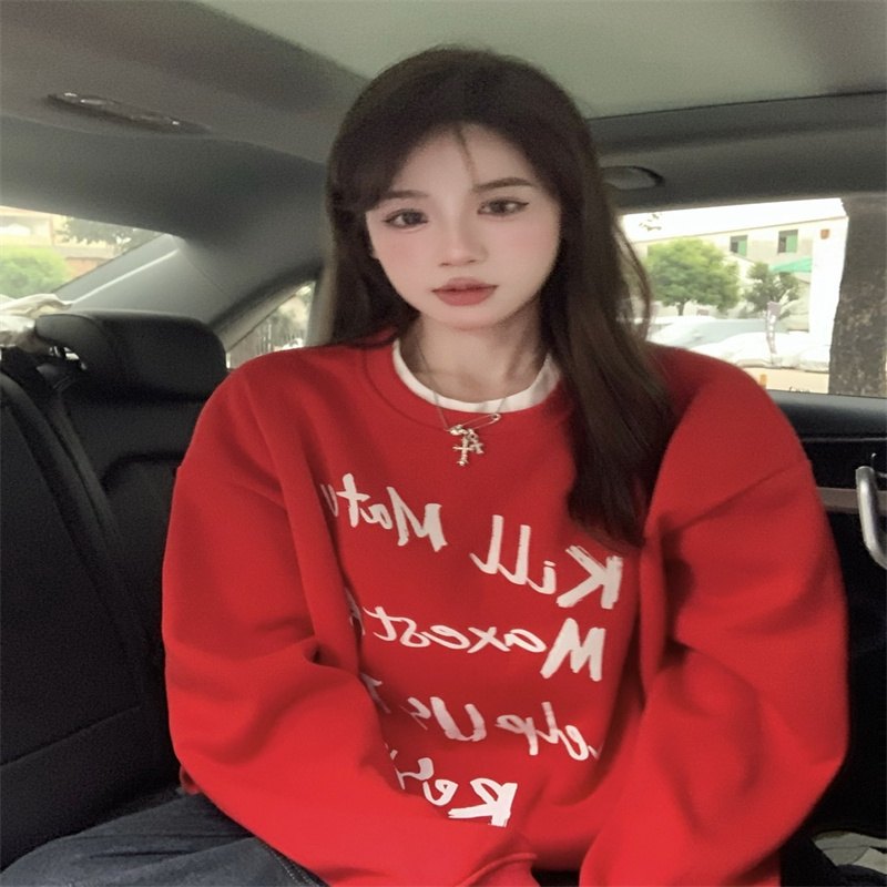 加絨加厚聖誕紅色衛衣女秋冬新款美式字母印花寬鬆中長款套頭上衣
