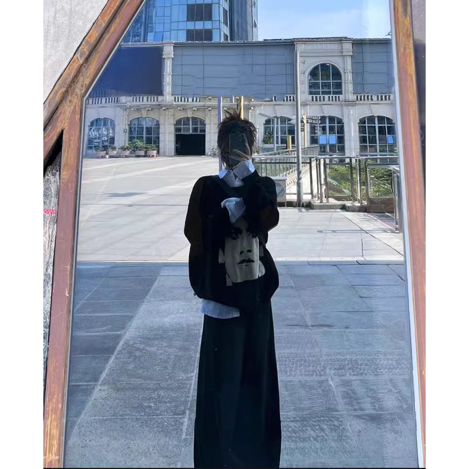 美式高街hiphop黑色毛衣女秋冬2023新款寬鬆慵懶風設計感套頭上衣
