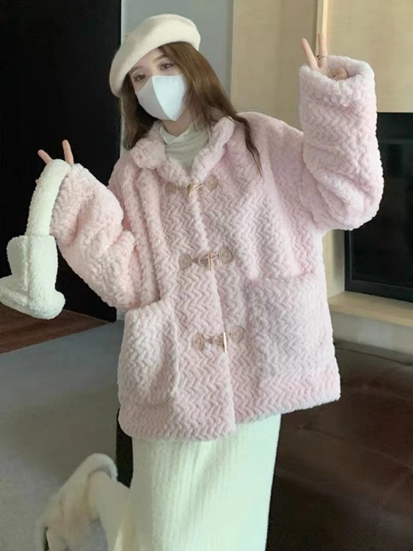 oversize粉色羊羔絨外套女秋冬季寬鬆潮ins加厚美式復古上衣棉服