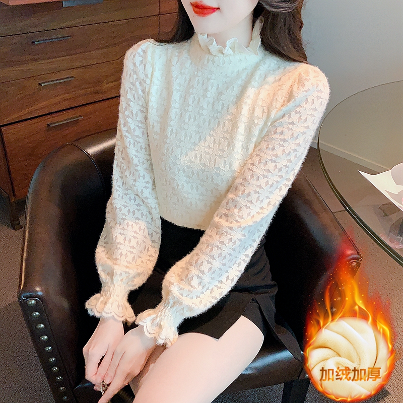 2023秋冬甜美荷葉領新款秋時髦寬鬆加絨加厚蕾絲打底衫女