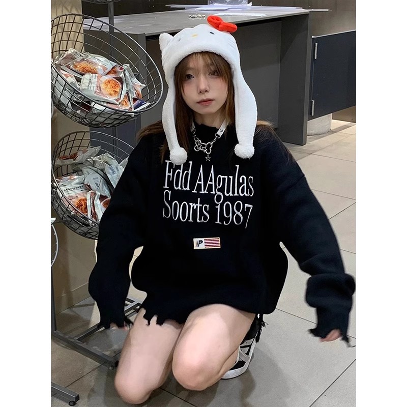 Autumn and winter lazy style sweater women's American letter pattern printed hole knitted jacket loose design top