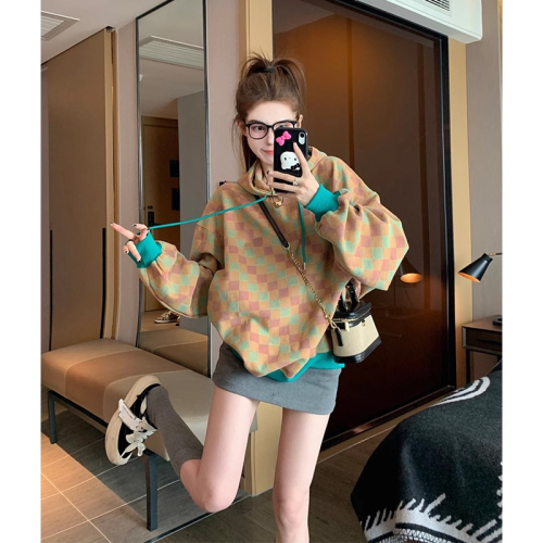 Original workmanship American retro plaid sweatshirt for women spring and autumn  new style small lazy style hooded top