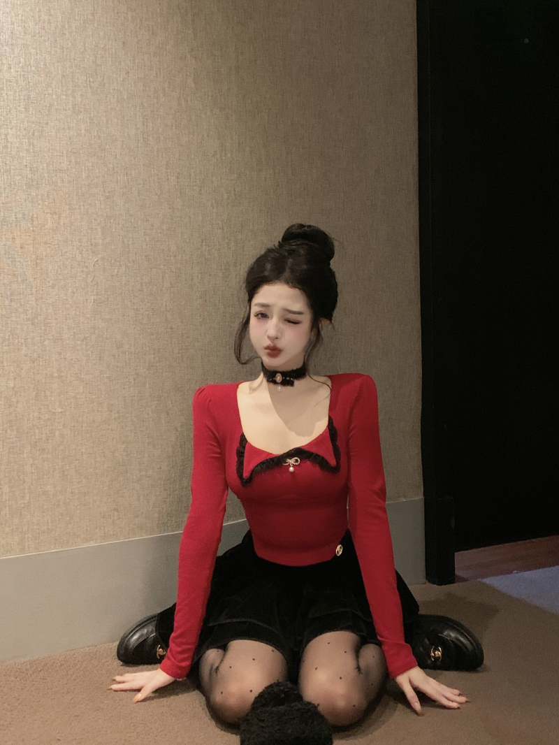實拍 純欲蕾絲翻領長袖打底衫t恤修身顯瘦聖誕紅辣妹短款上衣