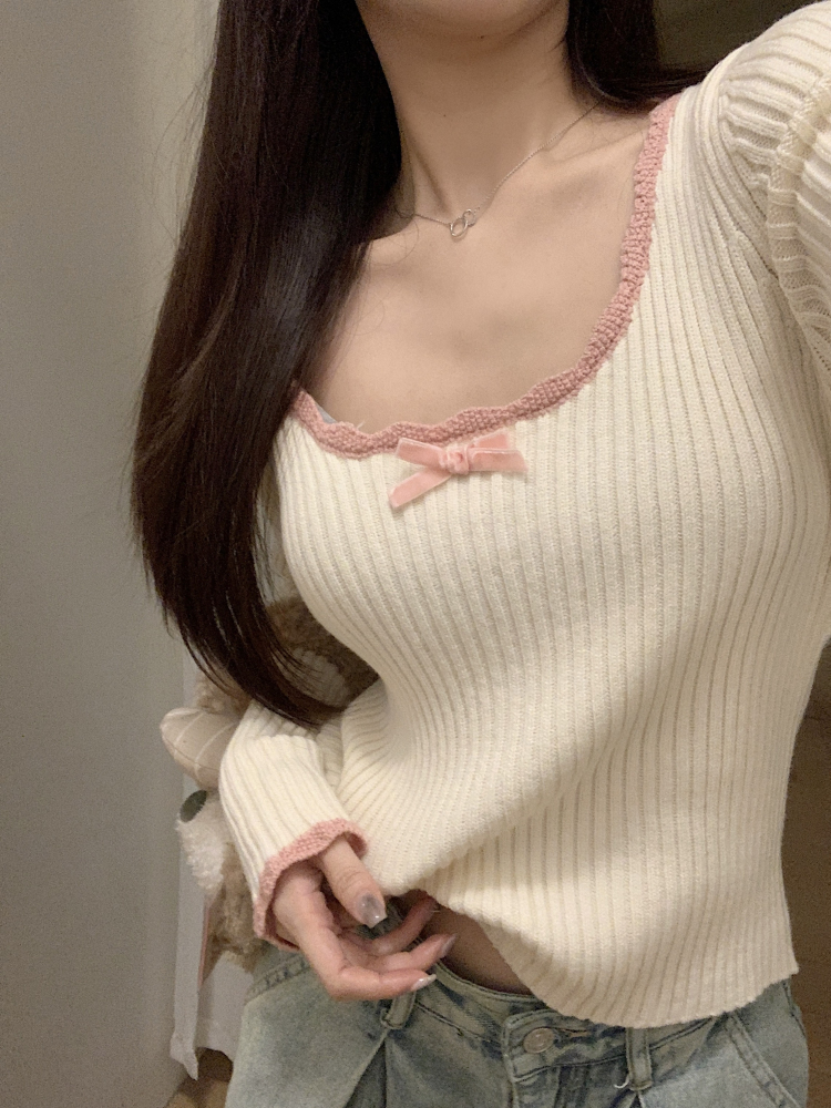Real shot of bow sweater for women in autumn and winter new style lazy style inner layering shirt heavy industry crochet sweater