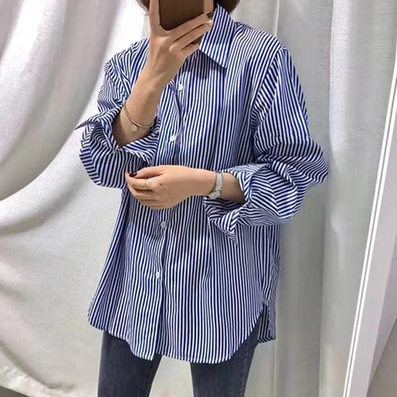 藍色豎條紋襯衫女設計感小眾春秋2023年新款寬鬆復古長袖襯衣疊穿
