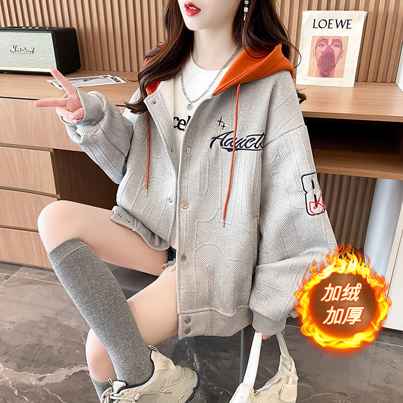 實拍 冬裝新款提花貝貝絨棒球服外套女加絨加厚保暖連帽衛衣