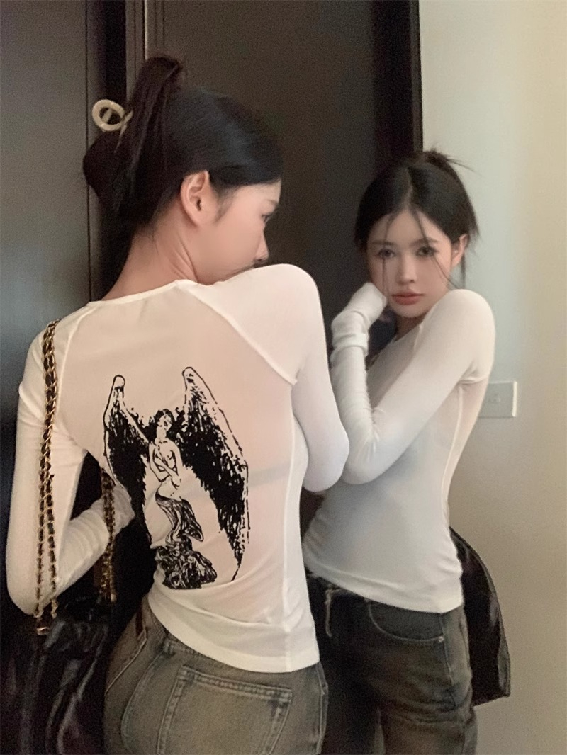 質量 白色天使印花長袖T恤女秋季辣妹修身內搭打底衫上衣