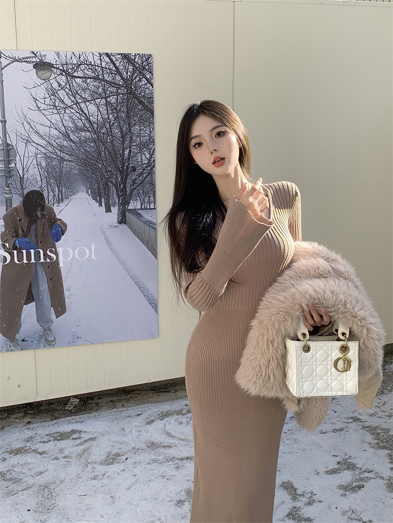 Actual shot of new autumn and winter knitted sweater with slim fit and hip-hugging dress