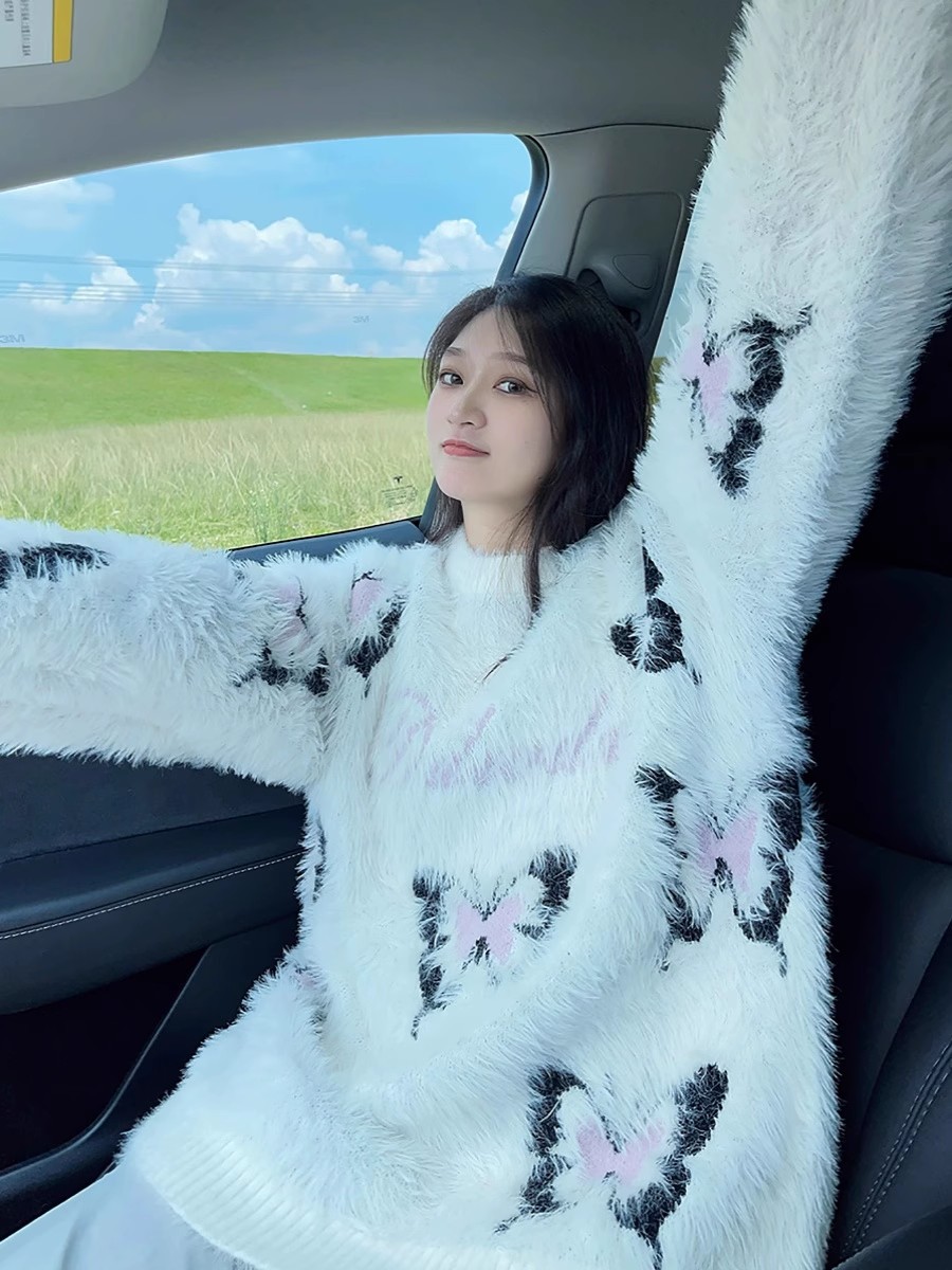DYXY美式慵懶風蝴蝶秋冬毛衣設計感圓領小眾套頭寬鬆針織衫女上衣