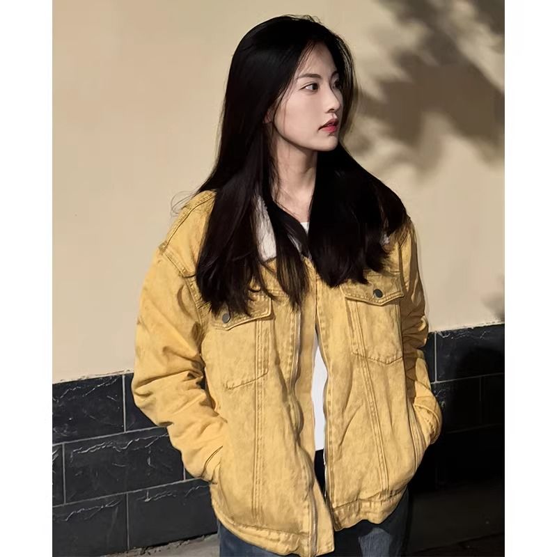 Winter new American retro denim small fragrance jacket plus velvet thickening Korean style loose jacket cotton top trendy
