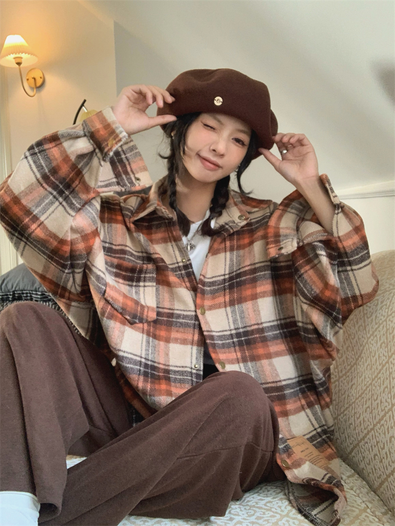 實拍 秋冬高級感小眾毛呢寬鬆復古撞色加厚格子呢料外套女