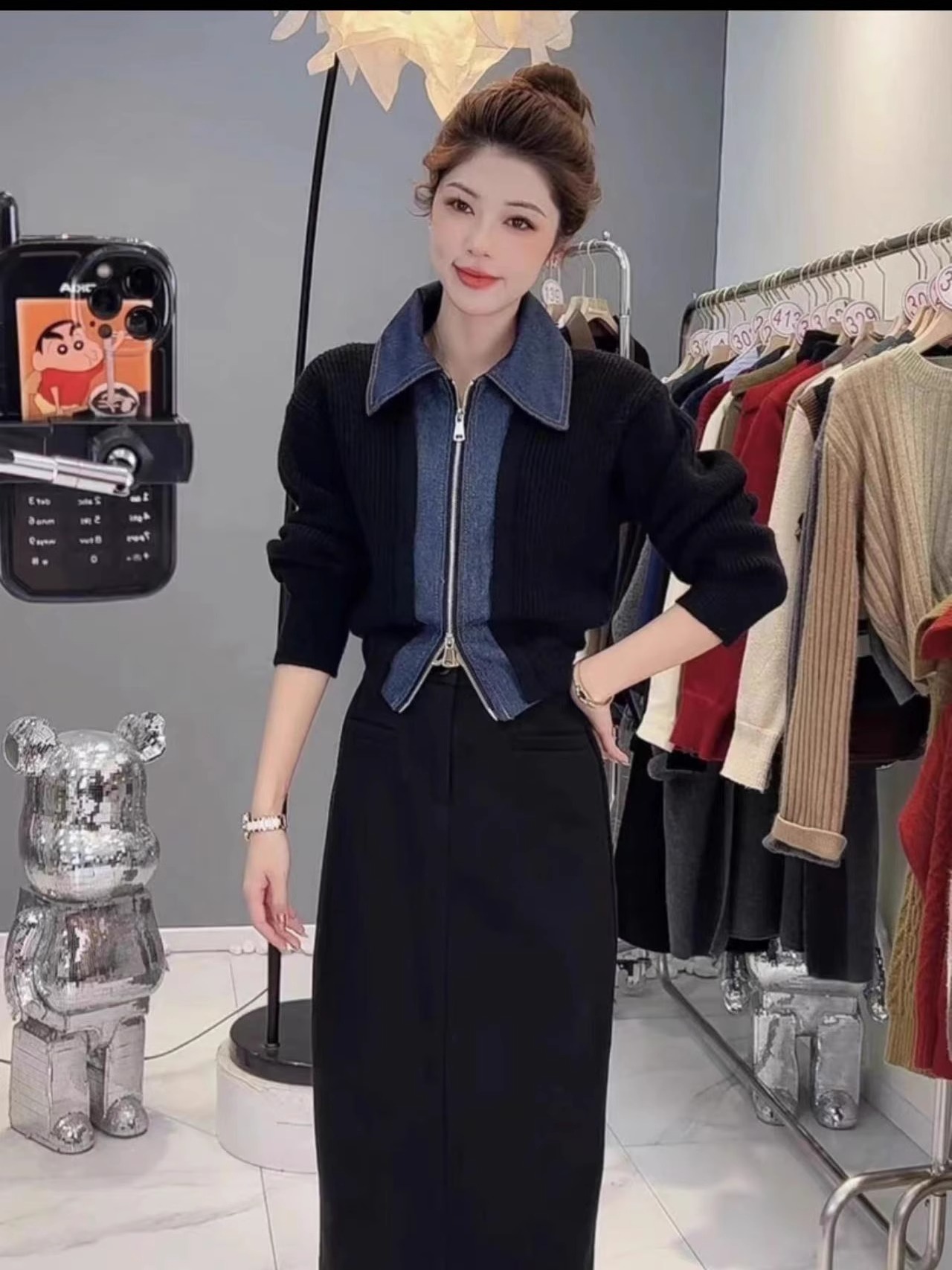 設計感小眾保暖內搭牛仔拼接毛上衣外套女士秋冬洋氣減齡針織開衫