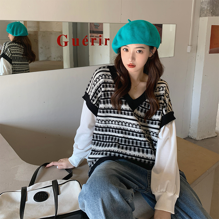 實拍秋冬新款復古撞色寬鬆顯瘦長袖拼接假兩件套頭針織毛衣